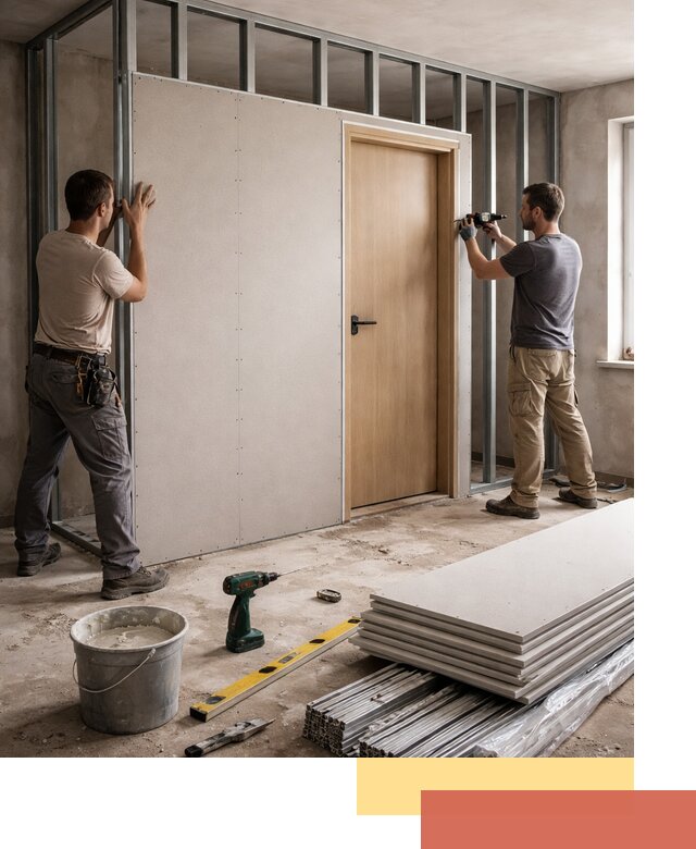 Перегородка из гипсокартона с дверью под ключ в Северодвинске