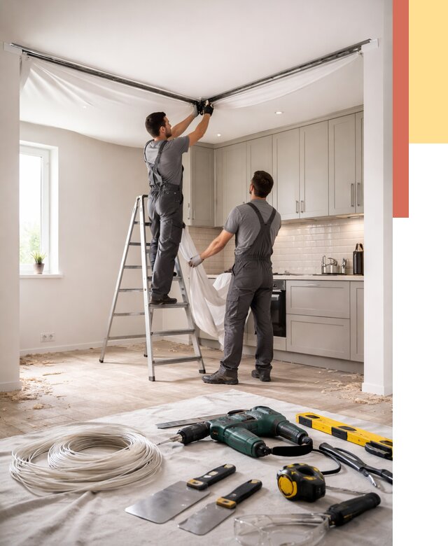 Установка натяжного потолка на кухне в Северодвинске от 2429 руб. | ОТДЕЛОЧНИК-Свр