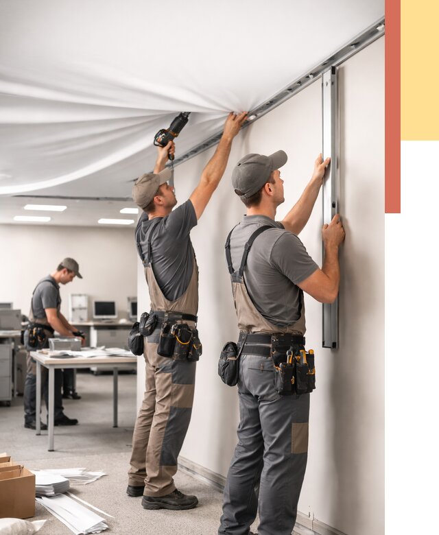 Монтаж натяжного потолка в офисе в Северодвинске от 455 руб/м² — быстро и недорого | ОТДЕЛОЧНИК-Свр