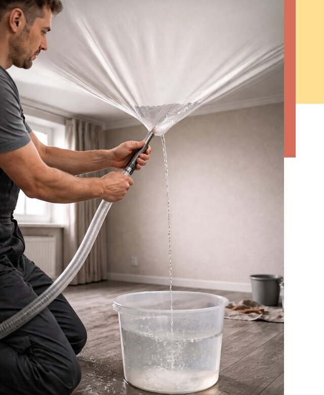 Слив воды с натяжного потолка в Северодвинске от 2530 руб. быстро и недорого | ОТДЕЛОЧНИК-Свр