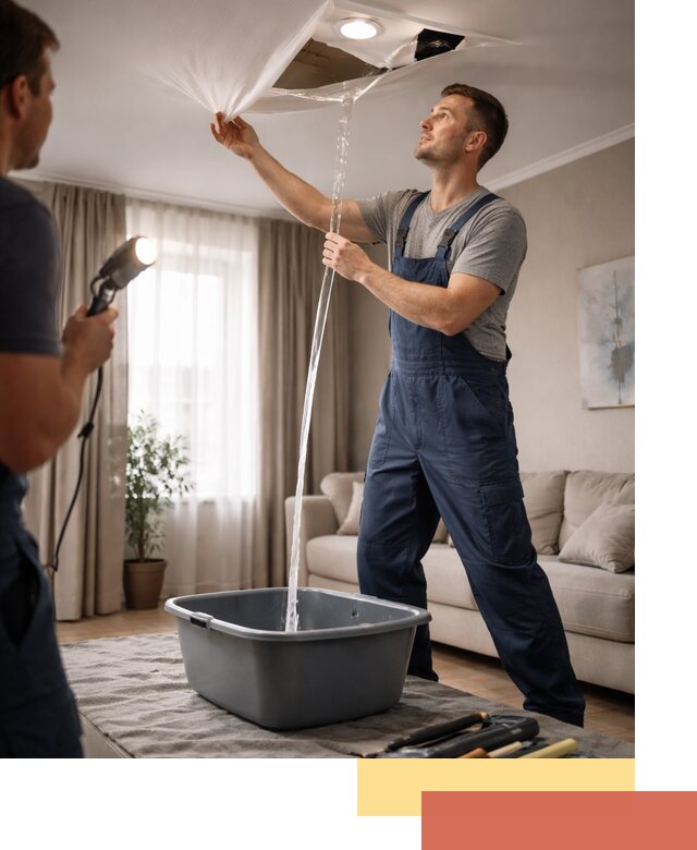 Слив воды с натяжного потолка в Северодвинске быстро и аккуратно